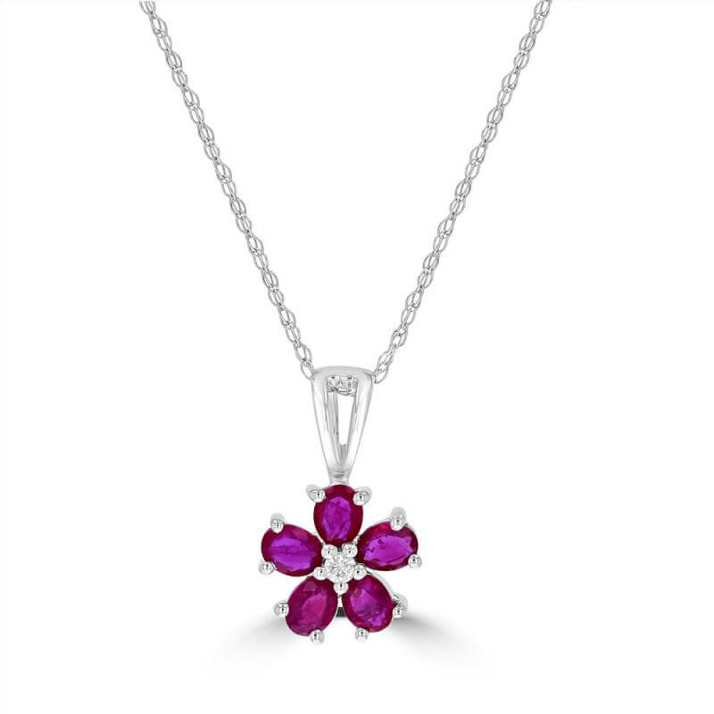 OVAL RUBY AND ROUND DIAMOND FLOWER PENDANT (CHAIN NOT INCLUDED)