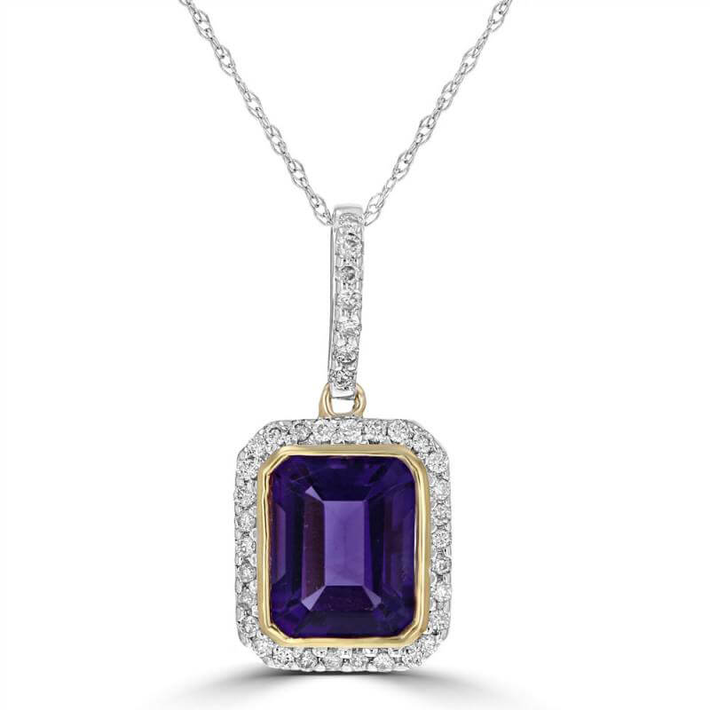 EMERALD CUT AMETHYST SURROUNDED BY PAVE DIAMOND PENDANT (CHAIN NOT INCLUDED)