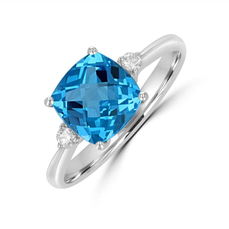 8MM CUSHION BLUE TOPAZ AND ONE ROUND DIAMOND ON EACH SIDE RING
