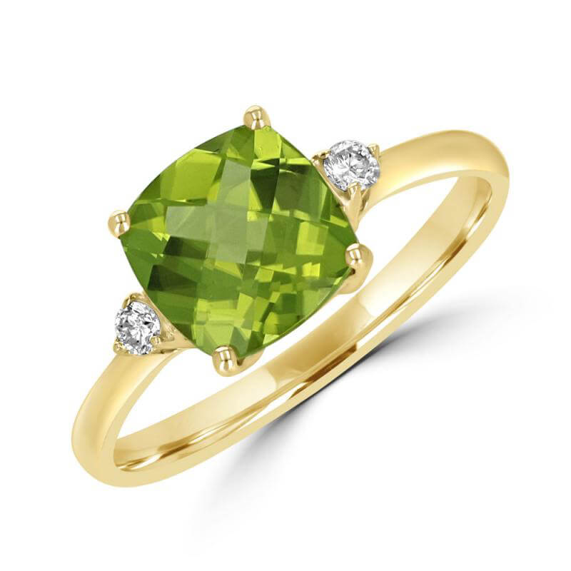 8MM CUSHION CHECKERED PERIDOT AND ONE ROUND DIAMOND ON EACH SIDE RING