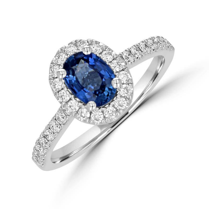 5X7 OVAL SAPPHIRE HALO WITH ROUND DIAMONDS ON SHANK RING
