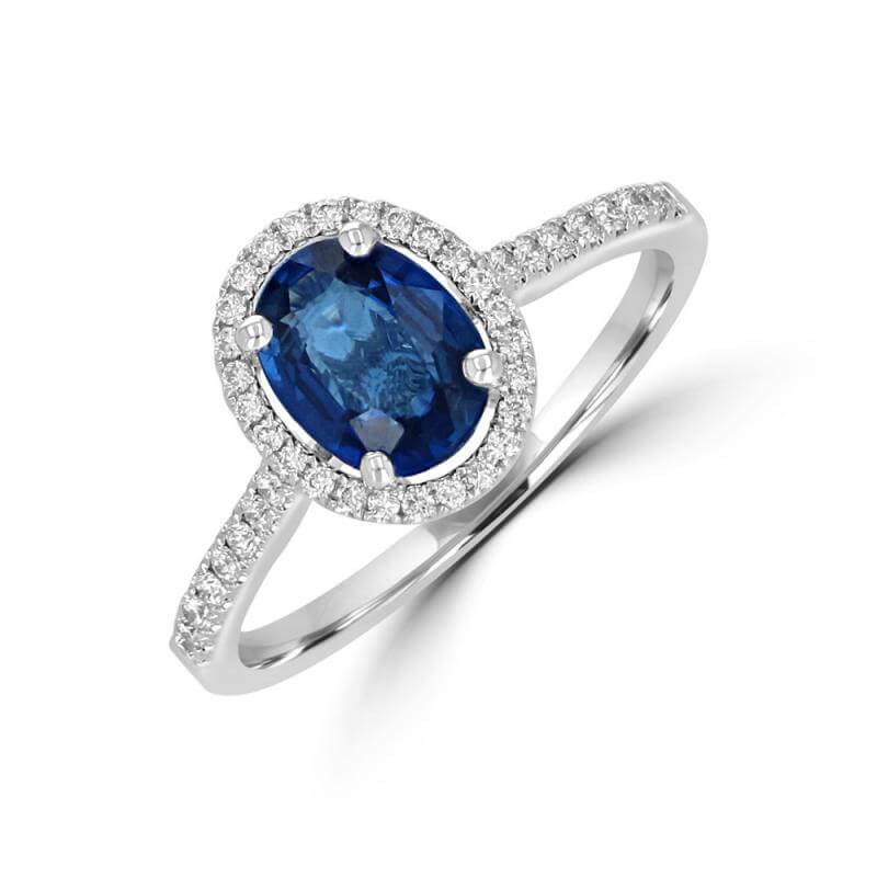 6X8 OVAL SAPPHIRE HALO WITH ROUND DIAMONDS ON SHANK RING
