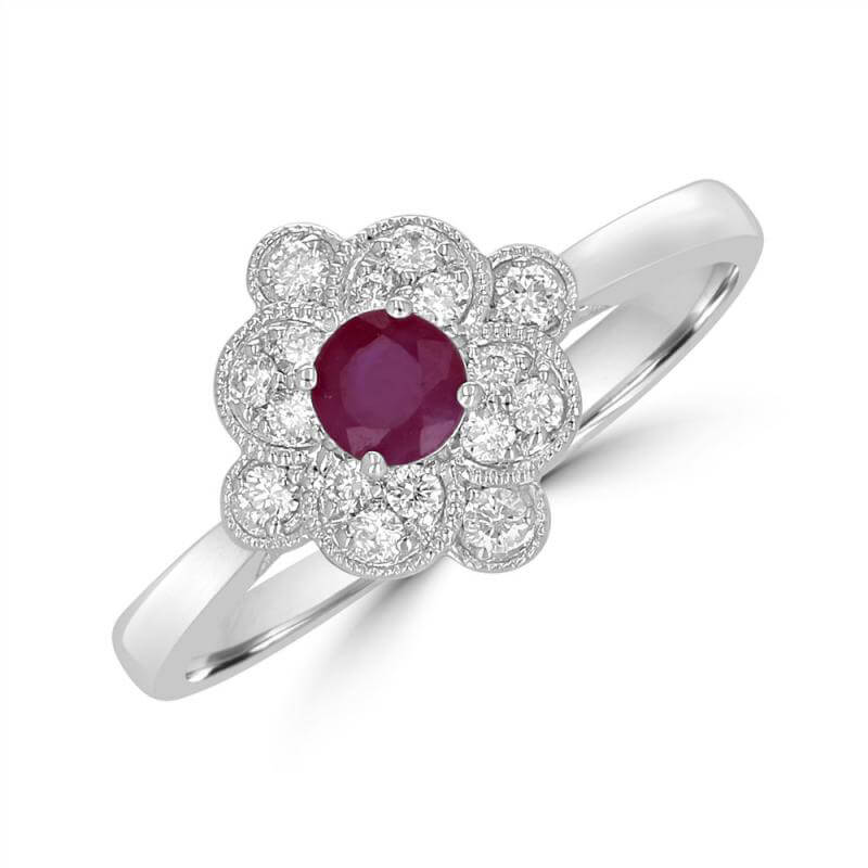 4MM ROUND RUBY SURROUNDED BY DIAMONDS RING