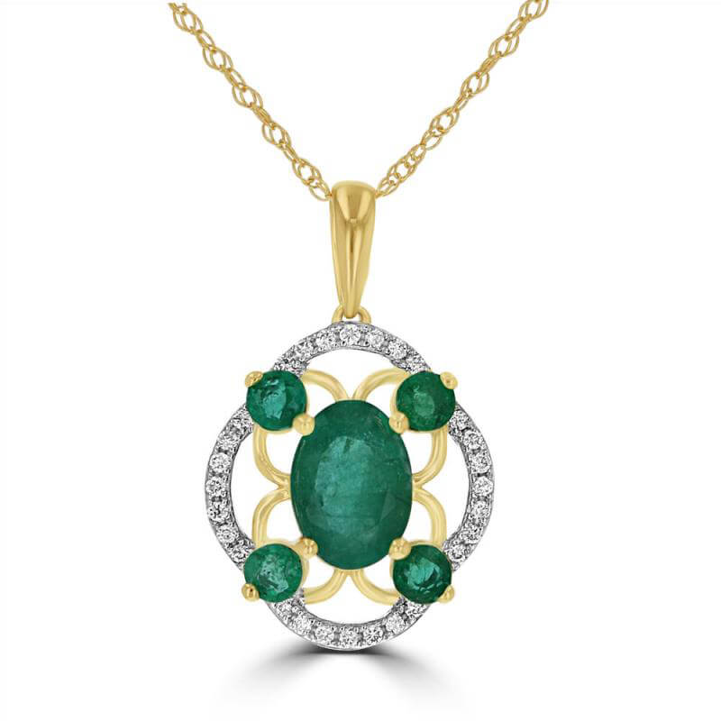 5X7 OVAL EMERALD SURROUNDED BY ROUND EMERALDS AND DIAMONDS PENDANT (CHAIN NOT INCLUDED)
