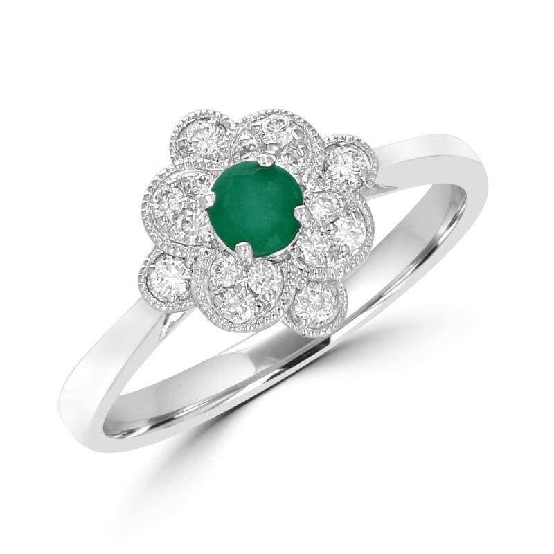 4MM ROUND EMERALD SURROUNDED BY DIAMONDS RING