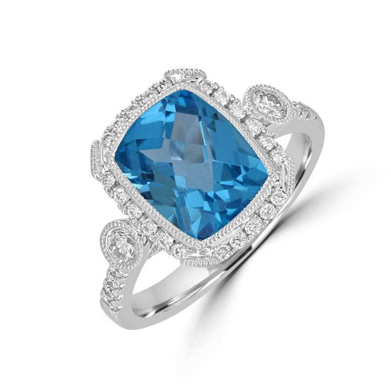 RECTANGLE CHECKERED BLUE TOPAZ HALO WITH ONE DIAMOND ON EACH SIDE AND DIAMONDS ON SHANK RING