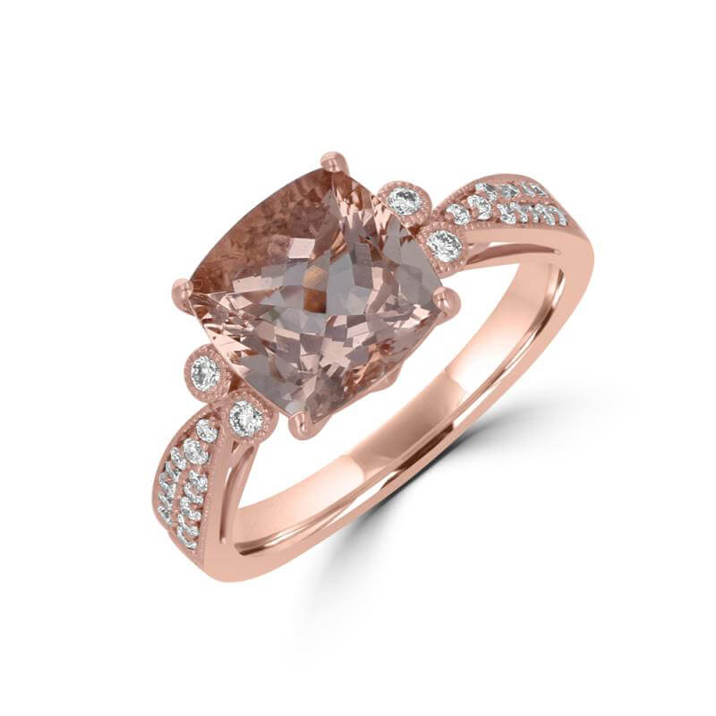 9MM CUSHION MORGANITE WITH TWO DIAMONDS ON EACH SIDE AND DIAMONDS ON SHANK RING
