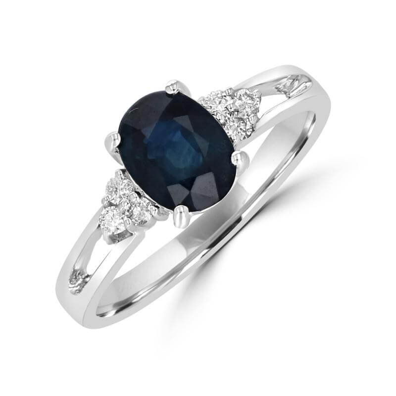 6X8 SAPPHIRE AND THREE ROUND DIAMONDS ON EACH SIDE RING