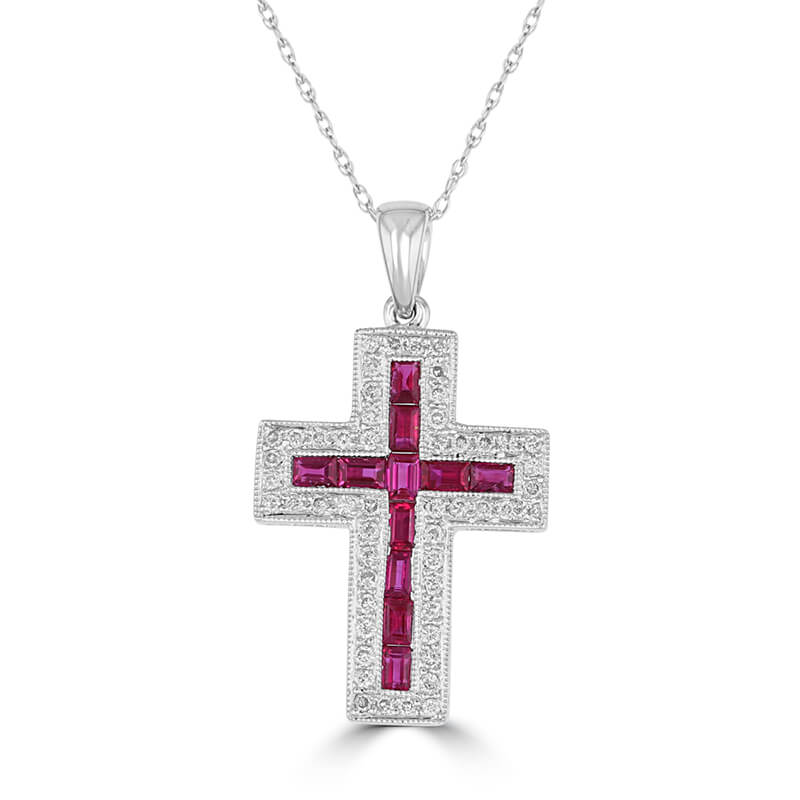 BAGUETTE RUBY SURROUNDED BY ROUND DIAMOND CROSS PENDANT (CHAIN NOT INCLUDED)