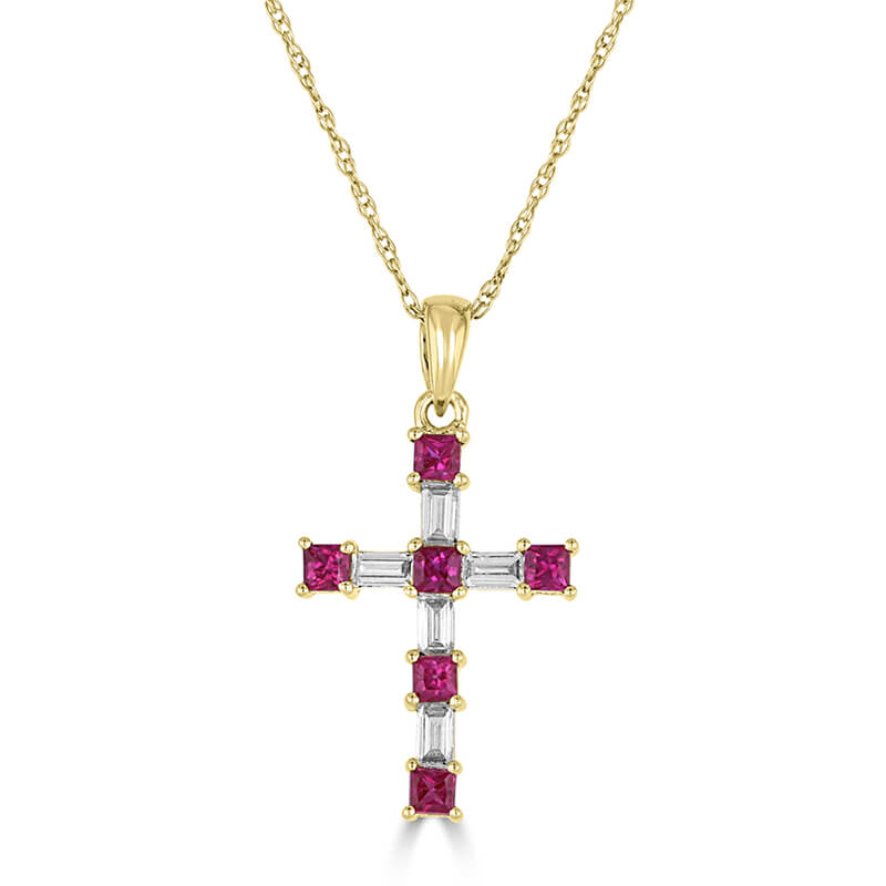 SQUARE RUBY &amp; BAGUETTE DIAMOND CROSS PENDANT (CHAIN NOT INCLUDED)