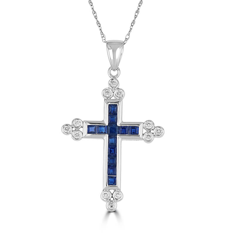 SQUARE SAPPHIRE &amp; ROUND DIAMOND CHANNEL CROSS (CHAIN NOT INCLUDED)