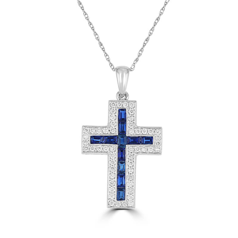 BAGUETTE SAPPHIRE SURROUNDED BY ROUND DIAMOND CROSS PENDANT (CHAIN NOT INCLUDED)