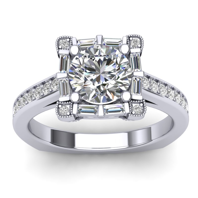 Baguette Halo Engagement Ring. Mountings and engagement rings are often priced without the center stone. Contact us to find out more about this style and what options you have for diamonds and/or stones.