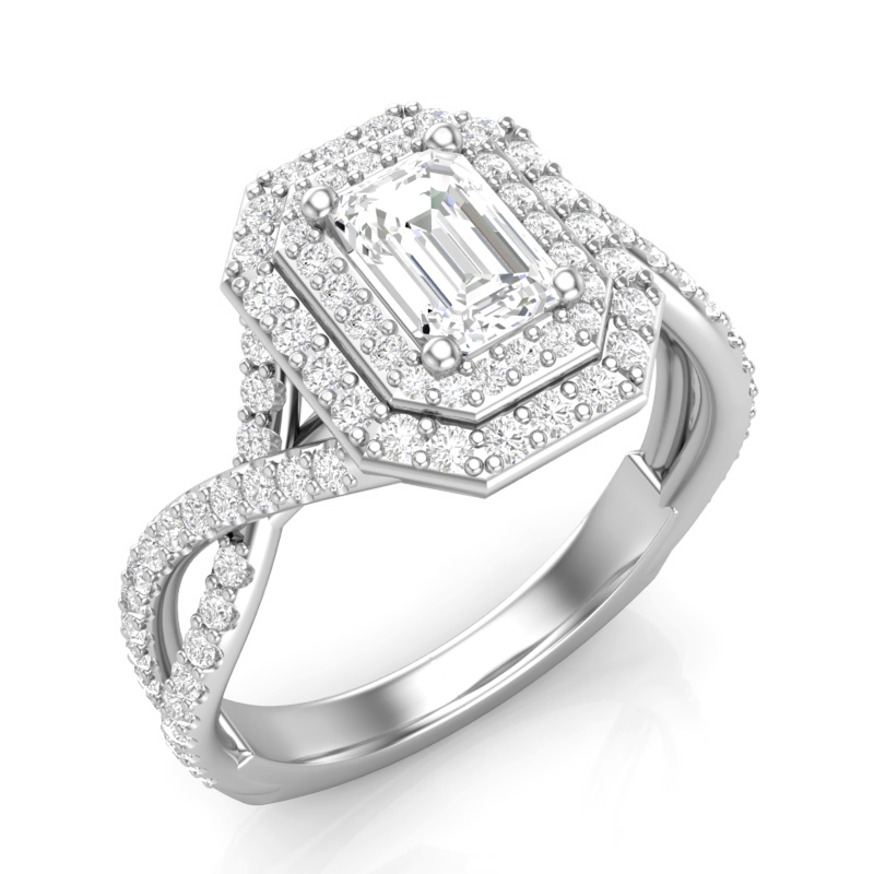 Double Halo Emerald Cut Engagement Ring. Mountings and engagement rings are often priced without the center stone. Contact us to find out more about this style and what options you have for diamonds and/or stones.