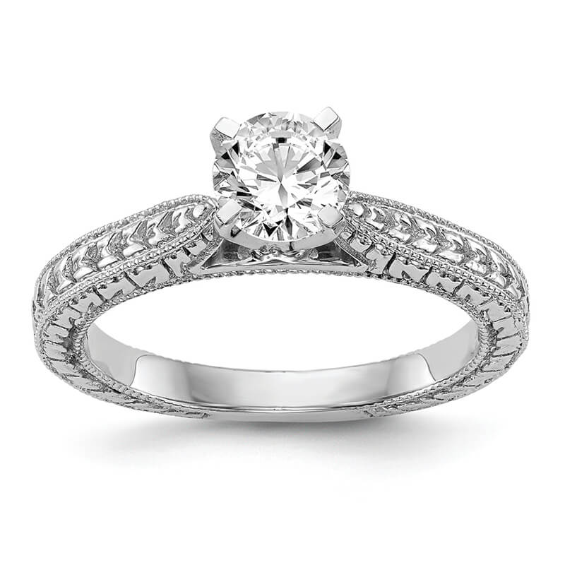 14k White Gold Etched Peg Set Solitaire Engagement Ring Mounting. Mountings and engagement rings are often priced without the center stone. Contact us to find out more about this style and what options you have for diamonds and/or stones.