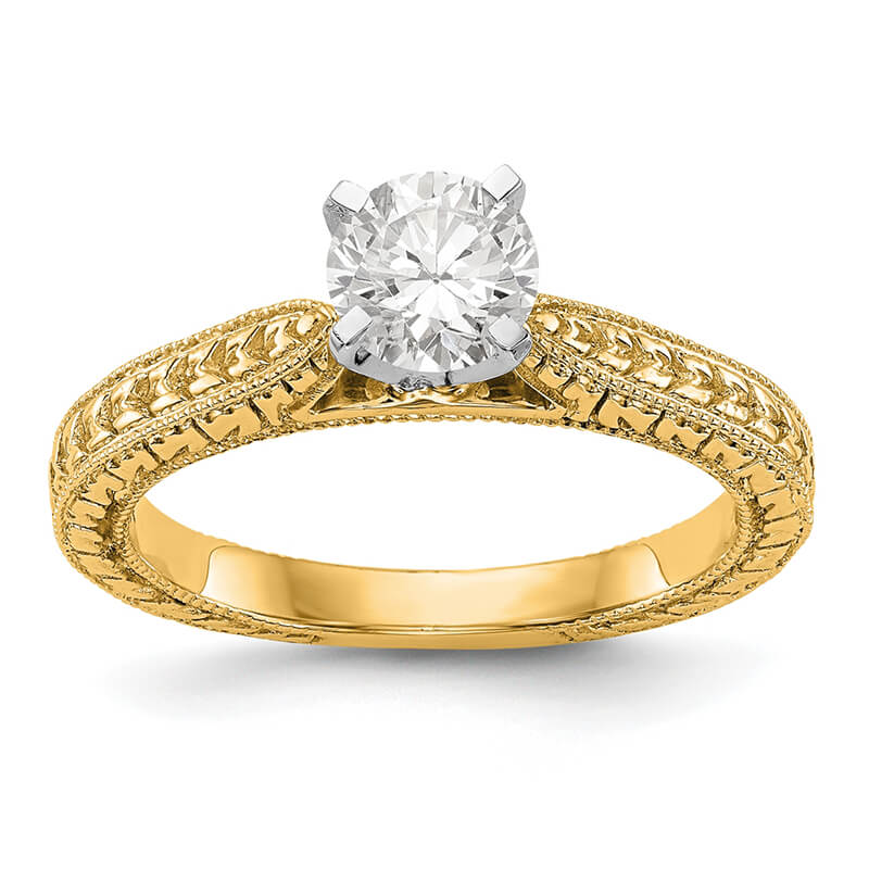 14k Yellow Gold Etched Peg Set Solitaire Engagement Ring Mounting. Mountings and engagement rings are often priced without the center stone. Contact us to find out more about this style and what options you have for diamonds and/or stones.