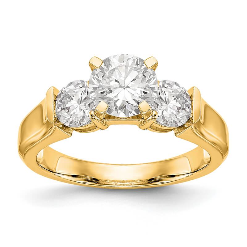14K Yellow Gold 3-Stone Engagement Mounting. Mountings and engagement rings are often priced without the center stone. Contact us to find out more about this style and what options you have for diamonds and/or stones.