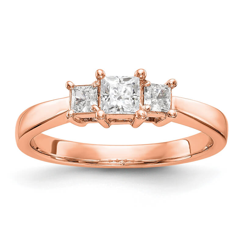 14K Rose Gold 3-Stone Engagement Mounting. Mountings and engagement rings are often priced without the center stone. Contact us to find out more about this style and what options you have for diamonds and/or stones.