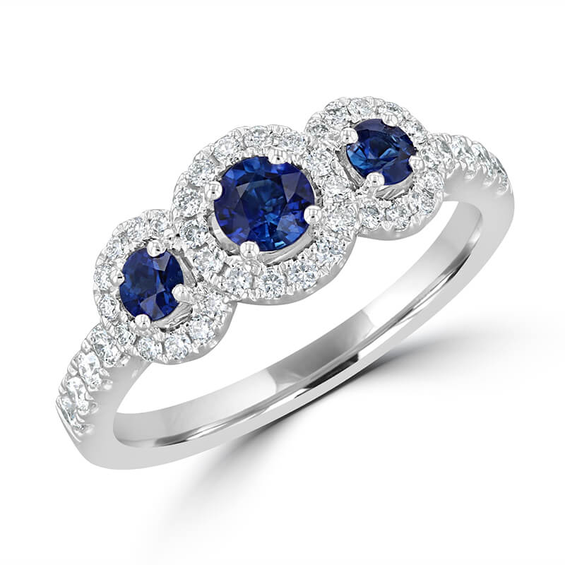 THREE ROUND SAPPHIRE HALO RING
