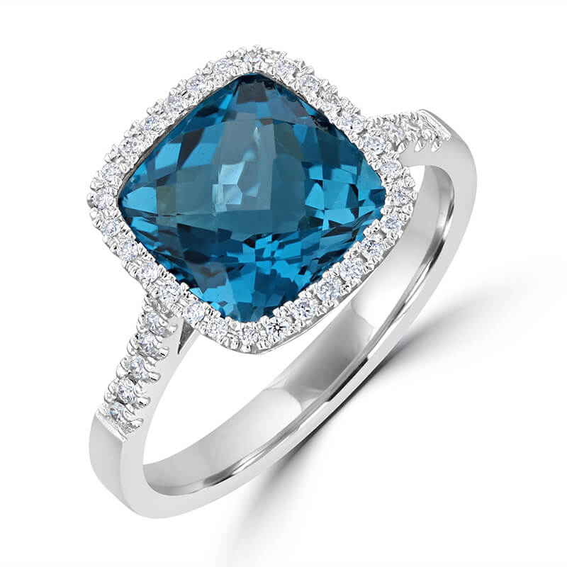 CUSHION CHECKERED LONDON BLUE TOPAZ HALO RING
