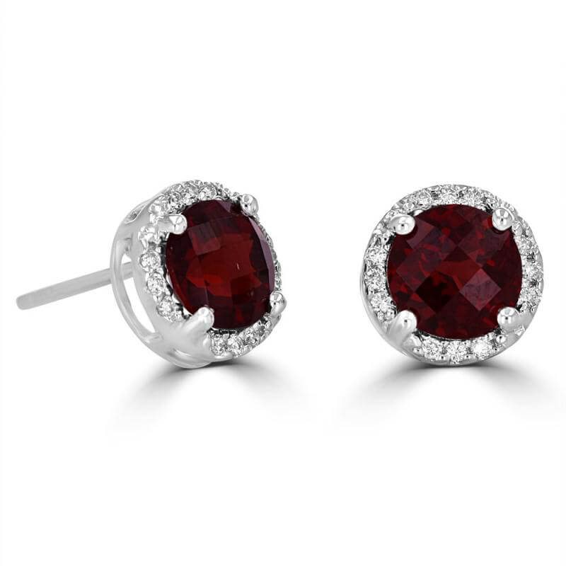 6MM ROUND CHECKERED GARNET HALO EARRINGS